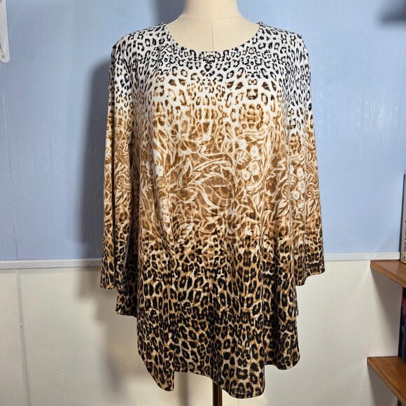 Ruby Rd. Large White Brown Animal Print Floral Rhinestone 3/4 Sleeve Tee Blouse - Picture 1 of 9